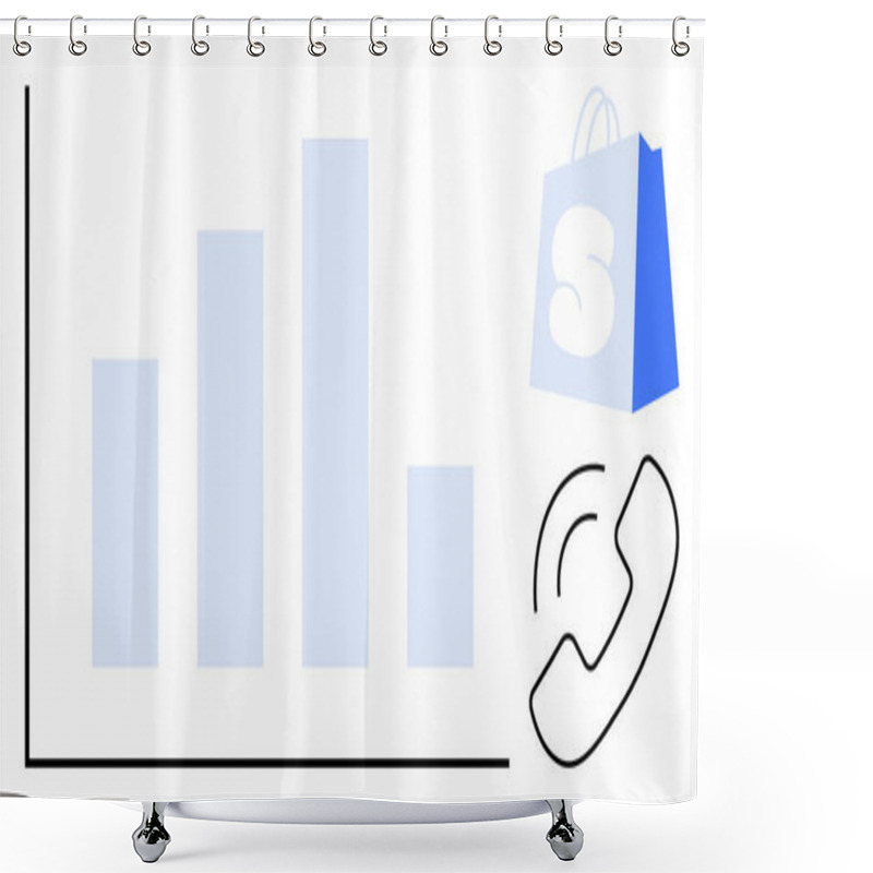 Personality  A Bar Graph With Four Vertical Bars In Varying Heights. On The Right, A Blue Shopping Bag And A Phone Receiver Icon. Ideal For Business, Shopping, Statistics, Communication, Presentations. Simple Shower Curtains