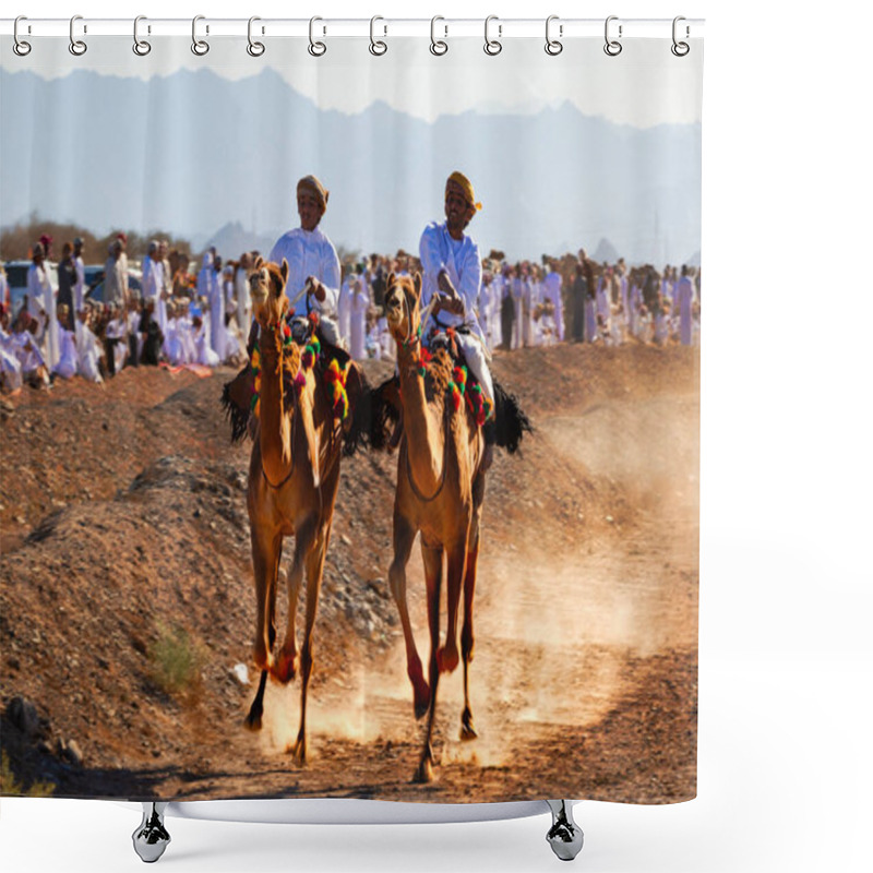 Personality  Oman, January 9, 2021. A Traditional Camel Race Event Is Being Held. Two Camel Riders Race With Each Other As A Huge Crowd Of Omani Local People Spectate The Event. Shower Curtains