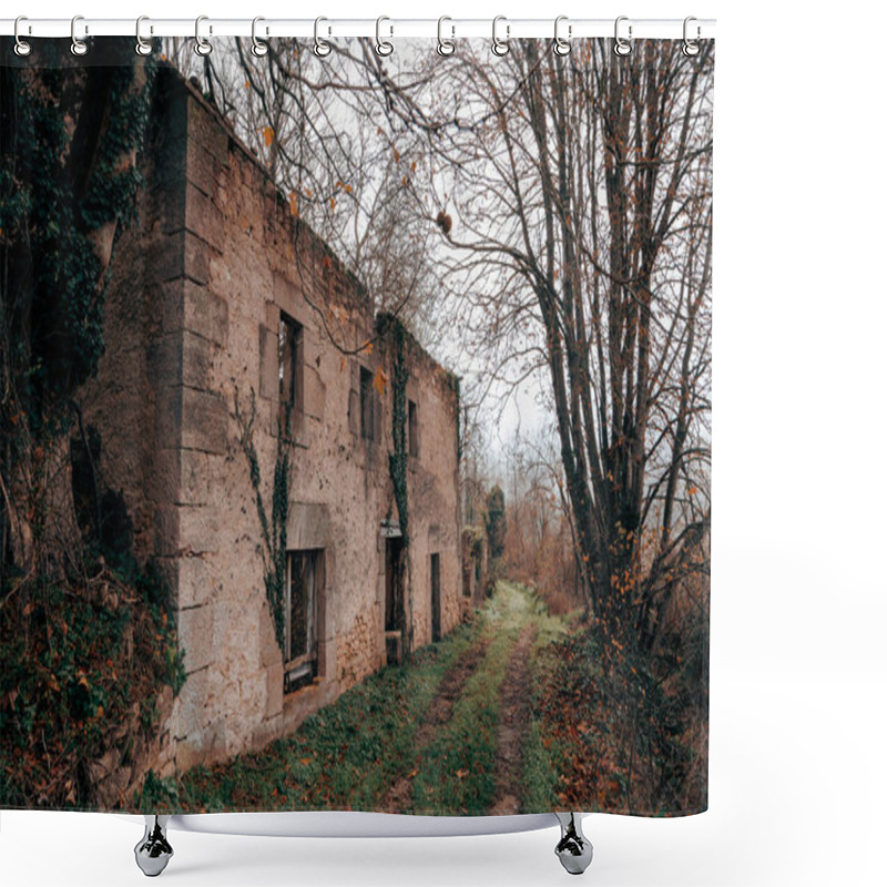 Personality  A Neglected Rural House Surrounded By Leafless Trees And Fields On A Foggy Morning, Evoking Mystery And Solitude In A Remote Landscape. Shower Curtains