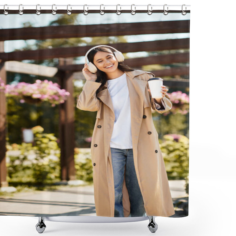 Personality  A Young Woman In Cozy Autumn Attire Strolls Through A Park, Sipping Her Coffee With Joy. Shower Curtains