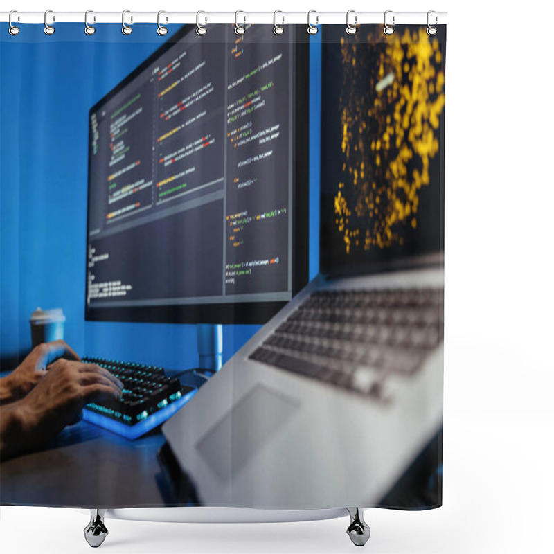 Personality  Data Science Concept. No Face Image Of Male Hands Typing On Keyboard, Writing Html Code For Website, Sitting At Desk With Pc And Laptop, Working On Project In Software Development Company Shower Curtains