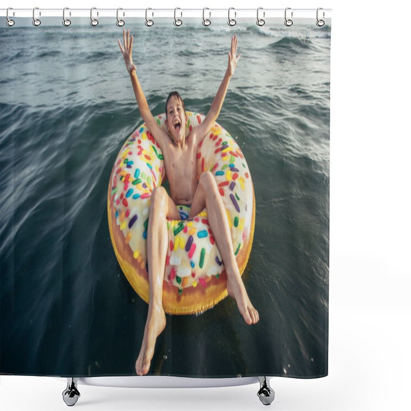 Personality  Joyful Child On Inflatable Ring Ride On Breaking Wave. Travel Lifestyle, Swimming Activities. Selective Focus Shower Curtains