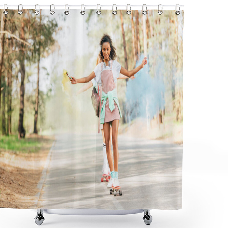 Personality  Full Length View Of Two Girls Skateboarding With Blue And Yellow Smoke Grenade On Road Shower Curtains