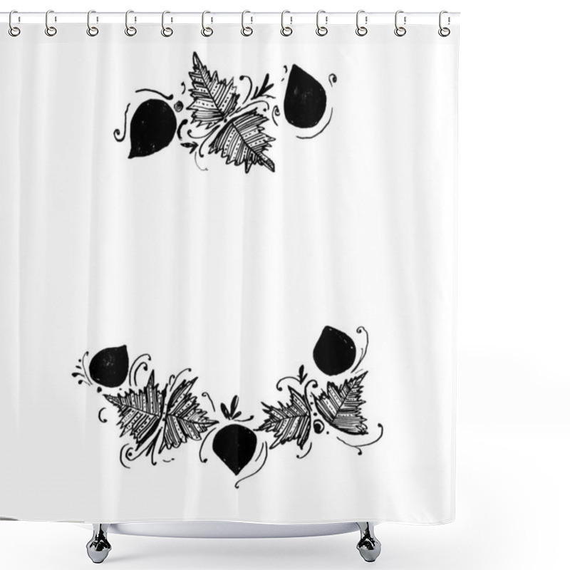 Personality  Frame, Framing Of Leaves. White Background, Copy Space. Leaves Of Different Shapes And Sizes, Filled With Decor. Lines, Dots, Ornament Or Fill. Black Color. Placed Above And Below. Dots, Swirls Around Shower Curtains