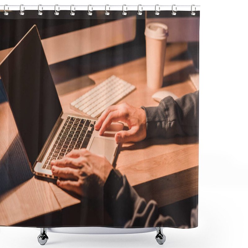 Personality  Cropped Shot Of Young Programmer Using Laptop With Blank Screen At Night Shower Curtains