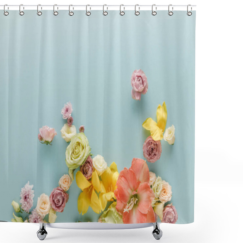 Personality  Top View Of Spring Flowers Scattered On Blue Background Shower Curtains