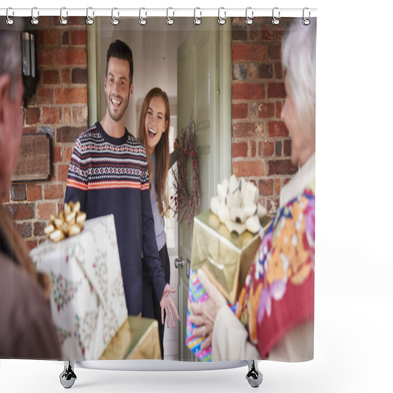 Personality  Senior Parents Being Greeted By Adult Offspring As They Arriving For Visit On Christmas Day Shower Curtains