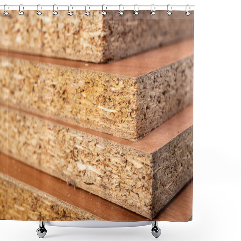 Personality  Particle Board For The Construction Of Home Furniture. Material Stacked In The Carpentry Shop. Light Background. Shower Curtains