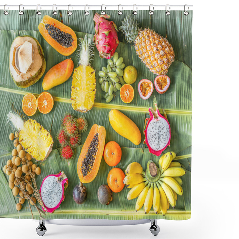 Personality  Exotic Fruits On Banana Leaves Background - Papaya, Mango, Pineapple, Banana, Carambola, Dragon Fruit, Lemon, Orange, Water Melon, Coconut, Rambutan, Mangosteen, Longan, Grape And Passion Fruit. Shower Curtains