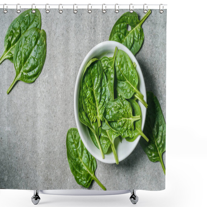 Personality  Top View Of Wet Spinach Leaves In Bowl Shower Curtains