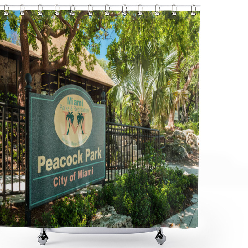 Personality  Miami, Florida - August 21, 2018:  Entrance Sign To The Popular Bayfront Peacock Park In Trendy Coconut Grove. Shower Curtains