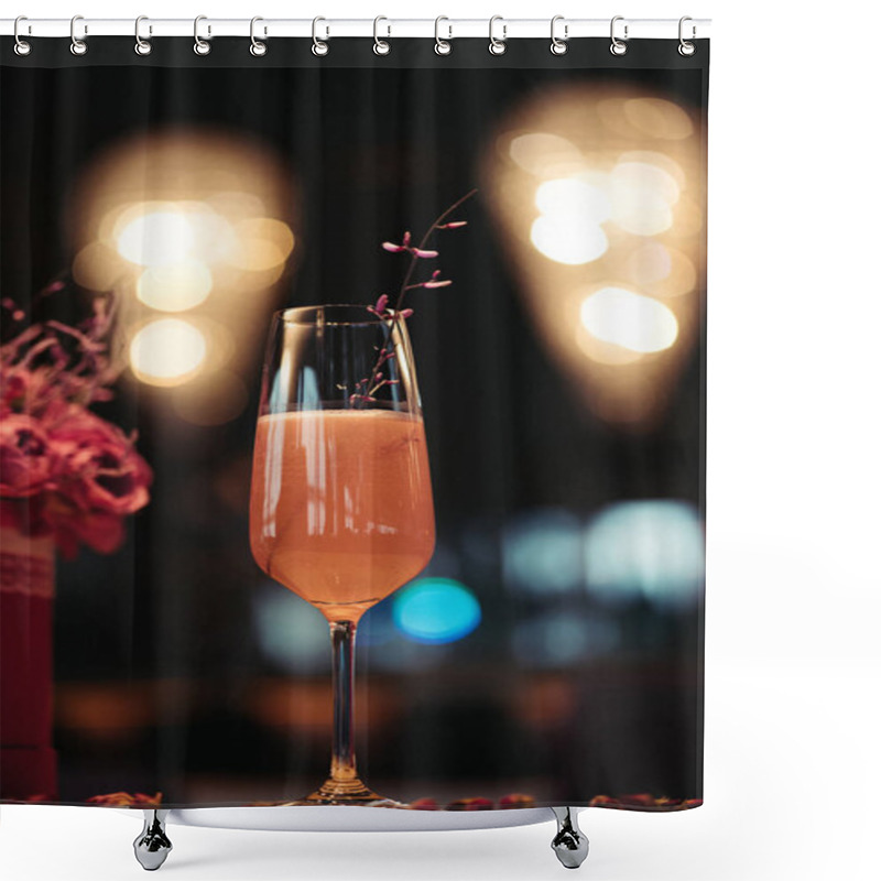 Personality  Selective Focus Of Pink Alcoholic Cocktail Decorated With Dry Flowers On Dark Background Shower Curtains