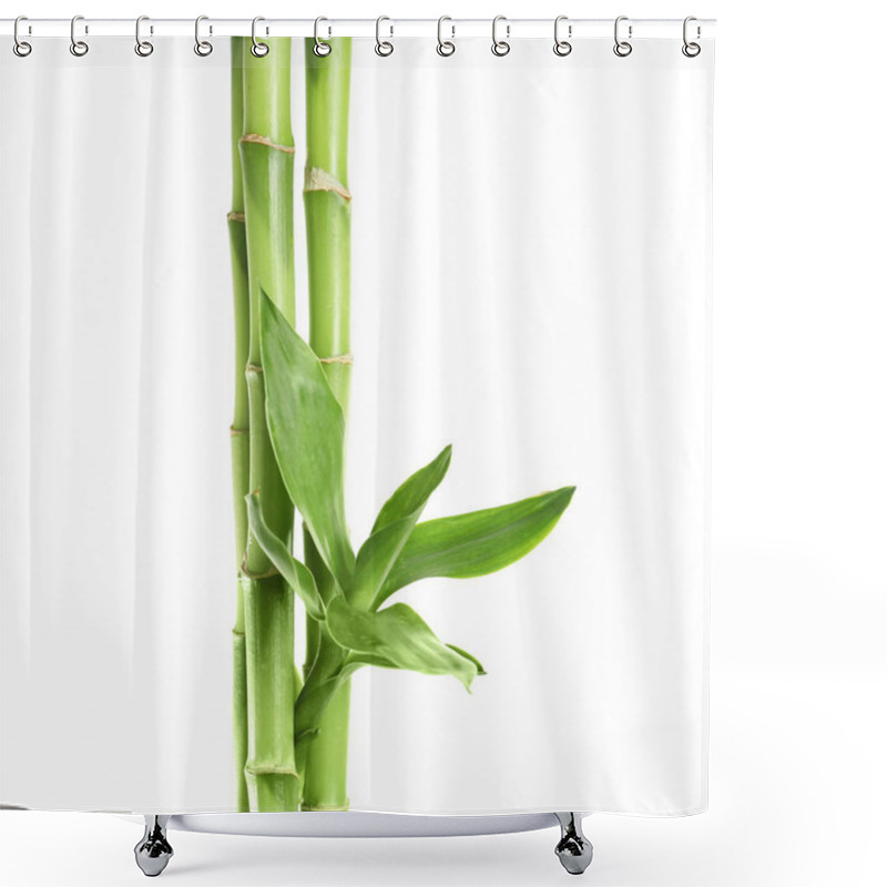 Personality  Green Bamboo Stems With Leaves On White Background Shower Curtains