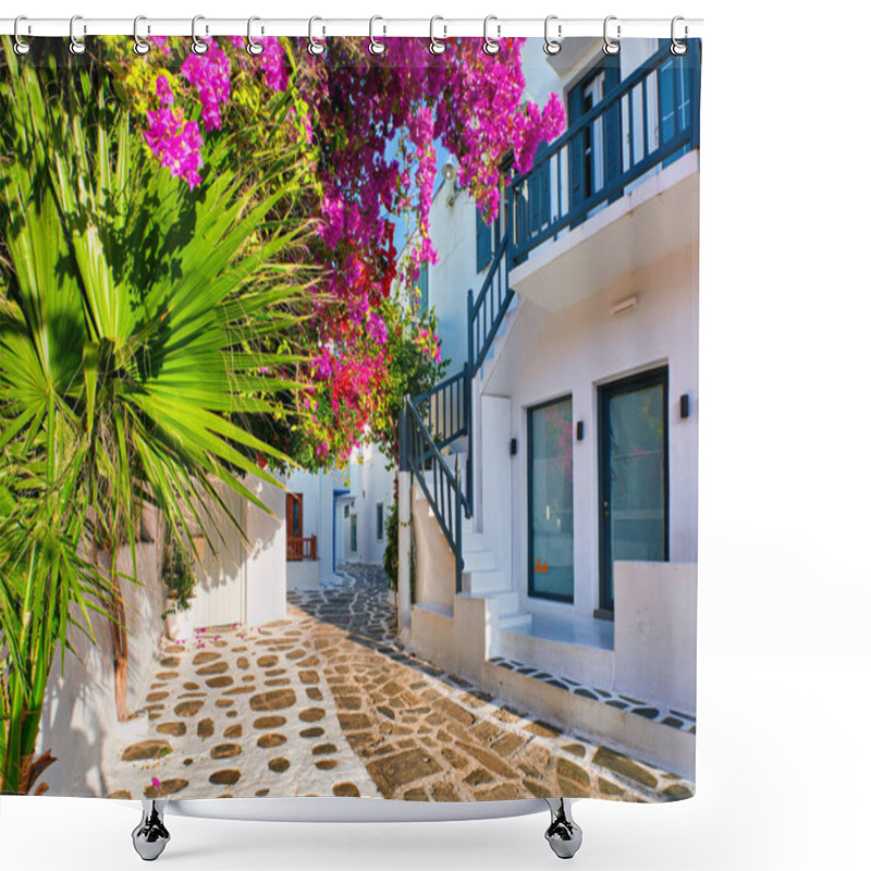 Personality  Beautiful Traditional Street In Greek Island Town. Whitewashed Houses, Bougainvillea In Blossom, Palm Tree Leaves, Cobblestone. Mykonos, Greece Shower Curtains