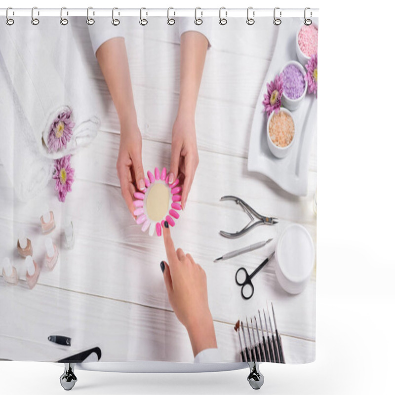 Personality  Manicurist Showing Samples Of Nail Varnishes To Woman At Table With Flowers, Towels, Nail Polishes, Nail Files, Nail Clippers, Sea Salt, Cream, Cuticle Pusher And Scissors  Shower Curtains