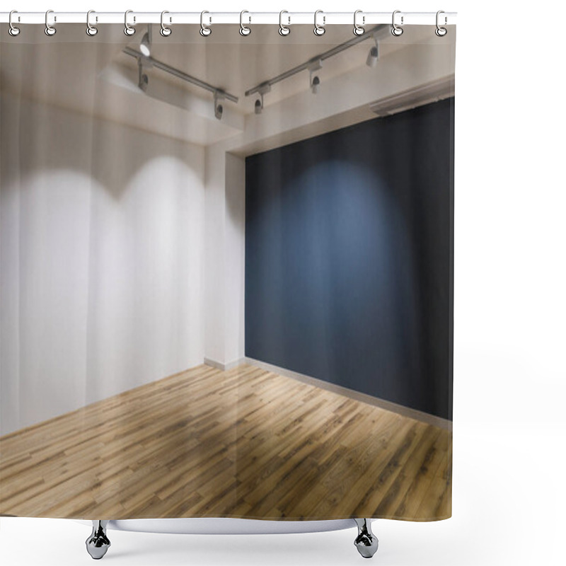 Personality  Empty Room With Dark And White Walls And Wooden Floor Shower Curtains