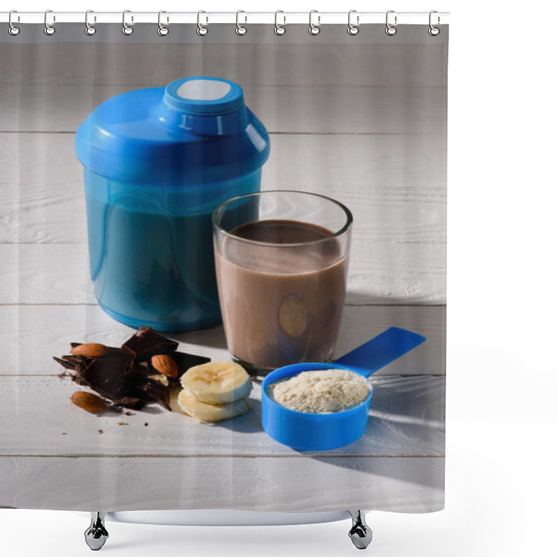 Personality  Shaker And Glass Of Protein Shake With Almond, Banana And Chocolate On White Wooden Table Shower Curtains