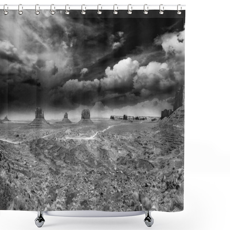 Personality  Panoramic Aerial View Of Monument Valley Landscape At Sunset, Black And White View. Shower Curtains