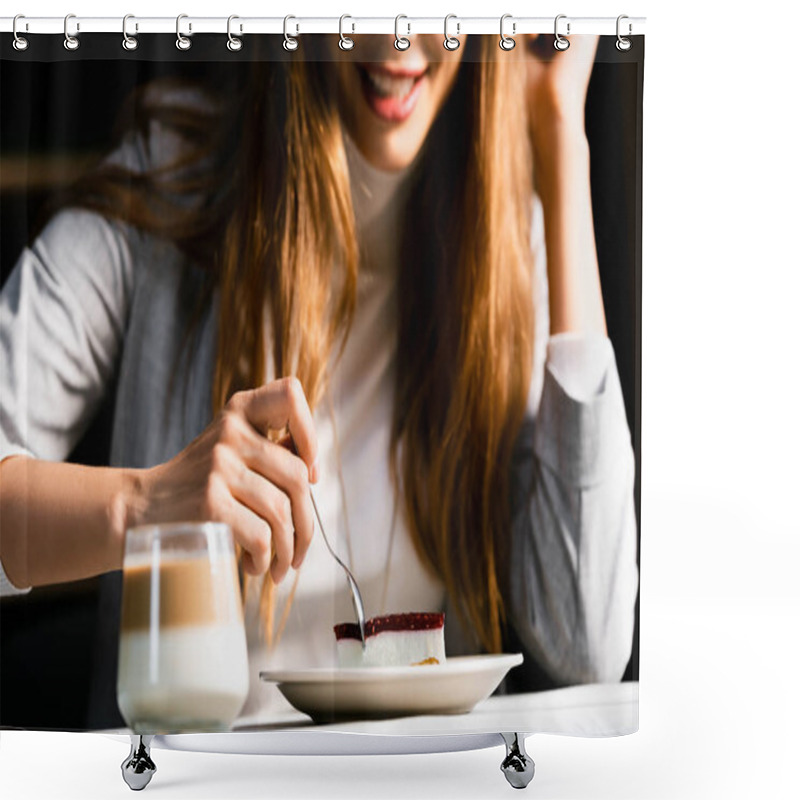 Personality  Cropped View Of Happy Woman Eating Cake With Coffee In Cafe  Shower Curtains