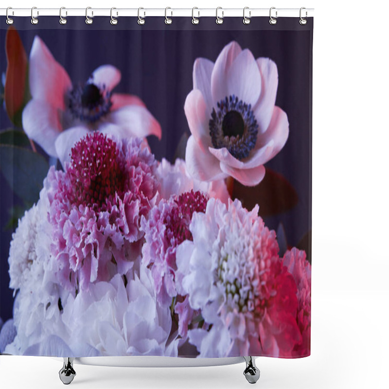 Personality  Bouquet Of Different White And Pink Flowers On Dark Shower Curtains