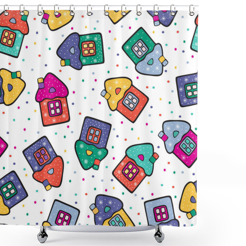 Personality  Cute Cartoon Houses With Snowflakes On The Background Of Bright Dots. Winter Christmas Color Vector Drawing. Shower Curtains