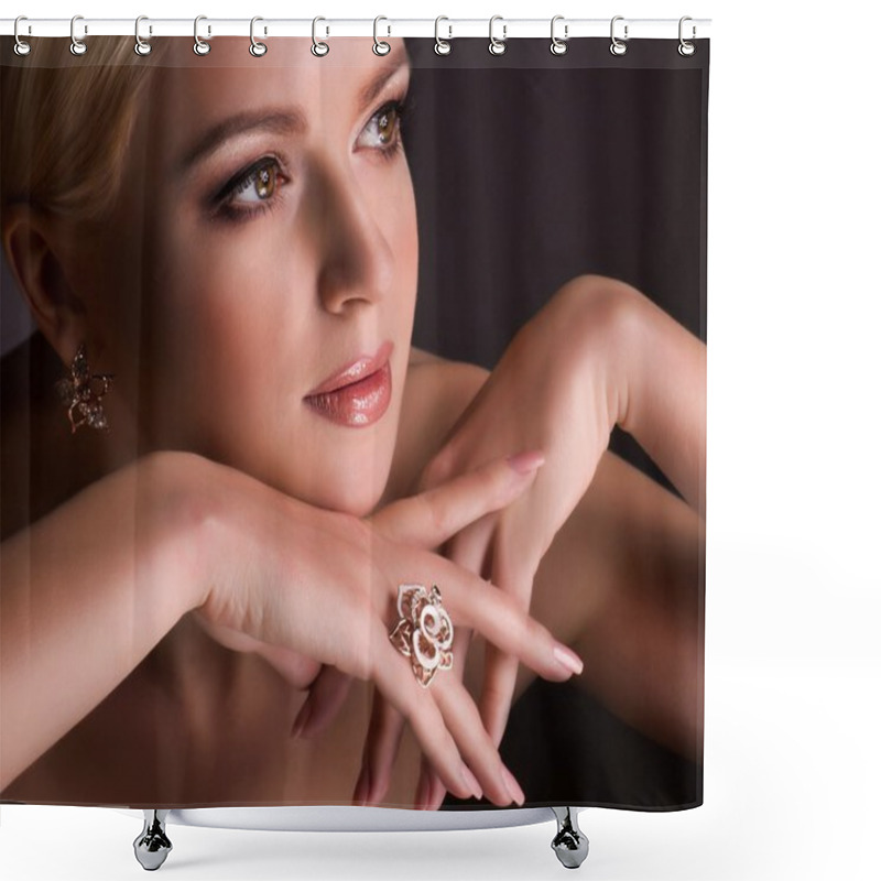 Personality  Portrait Of Beautiful Young Woman With Makeup In Luxury Jewelry Shower Curtains