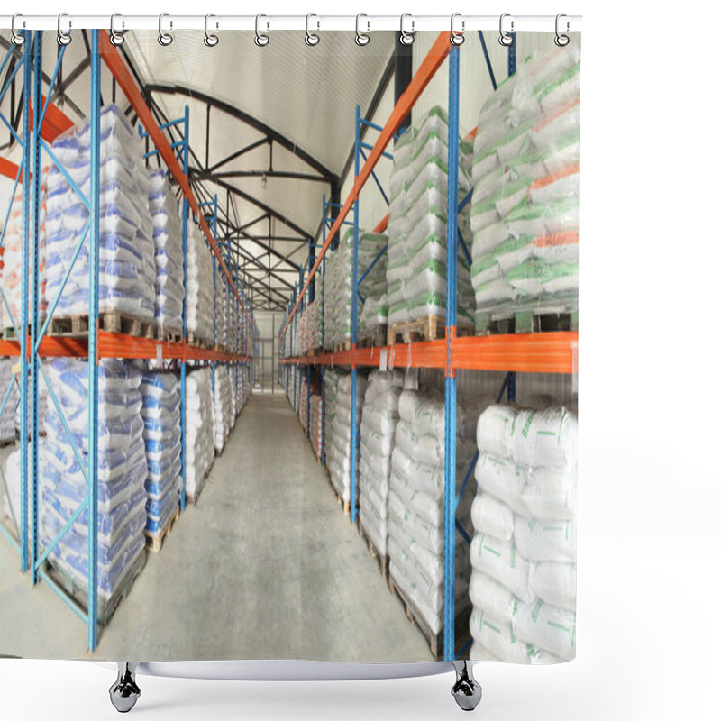 Personality  Large Warehouses Of Sacks Of Animal Feed. Veterinary Production. Animal Feed In Stock. Pallets With Cargo Shower Curtains