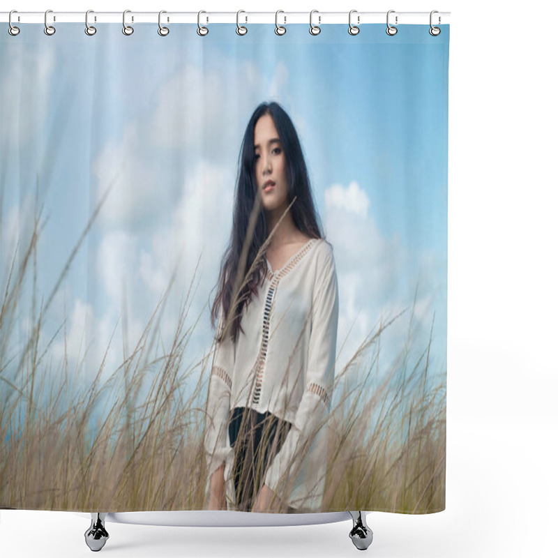 Personality  Asian Long Hair Girl In White Clothes Enjoys Life In Nature Coastal Field. Shower Curtains