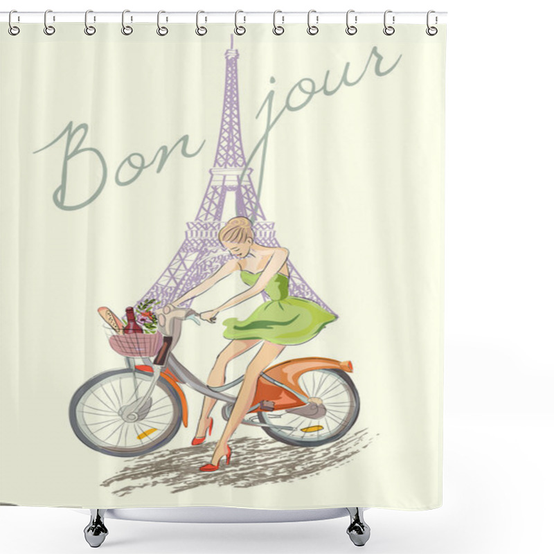 Personality  Fashion Girl On The Bike Near Eiffel Tower Shower Curtains