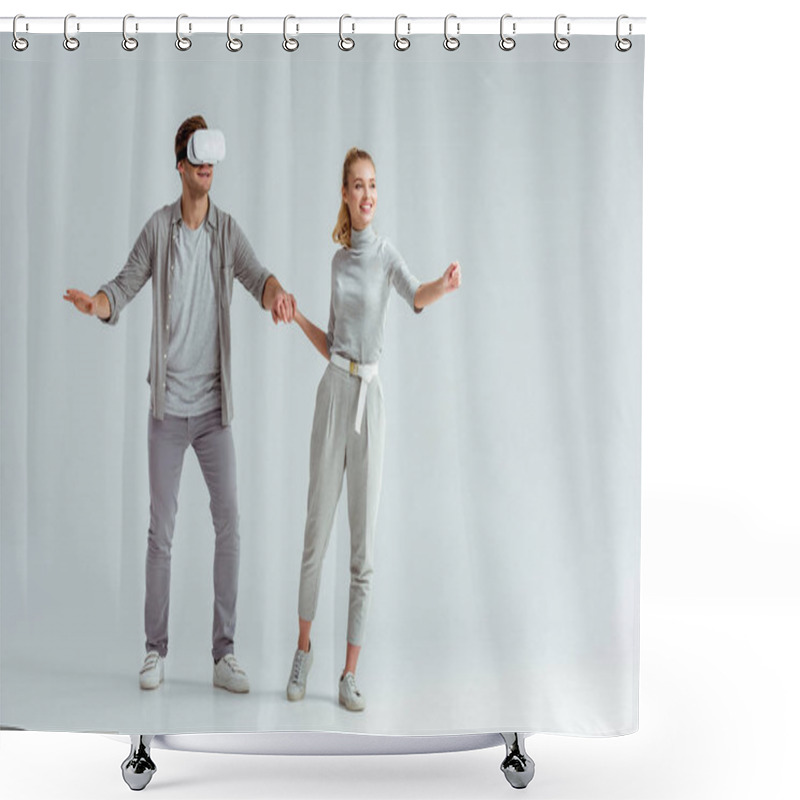 Personality  Happy Couple Holding Hands While Man Experiencing Virtual Reality On Grey Background Shower Curtains