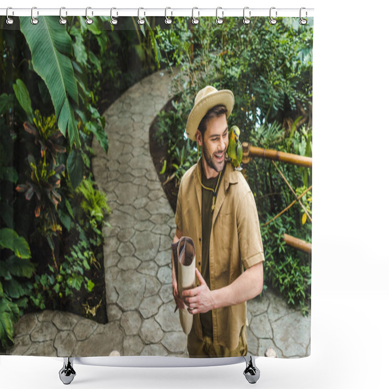 Personality  Handsome Young Man With Parrot On Shoulder Walking By Jungle Park Shower Curtains