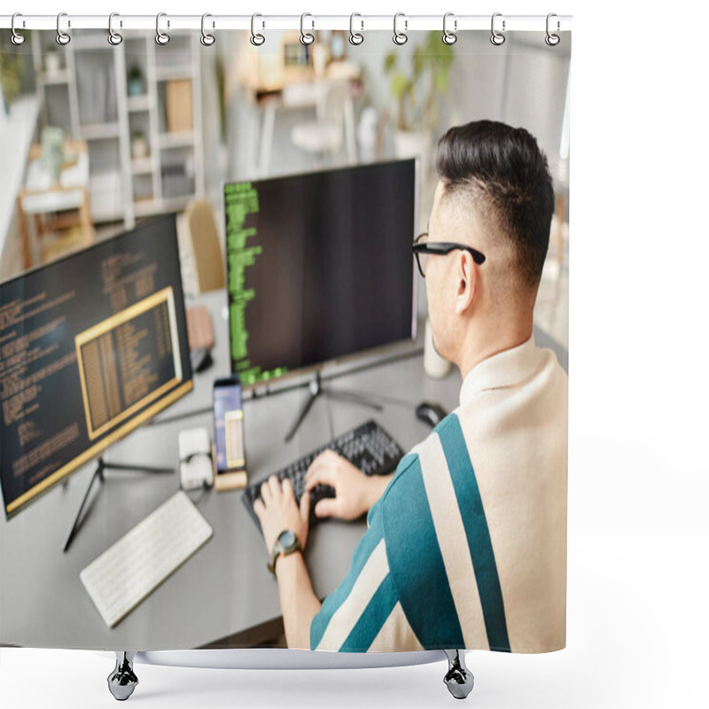 Personality  High Angle View At Asian IT Developer Typing On Keyboard With Programming Code On Computer Screen While Working In Office Interior, Copy Space Shower Curtains