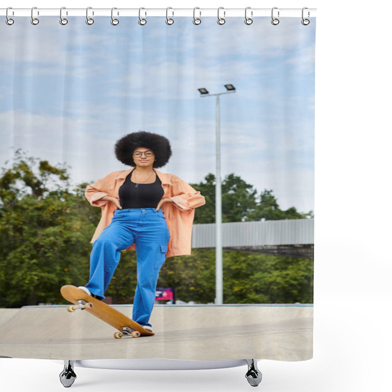 Personality  A Young African American Woman With An Afro Rides A Skateboard In A Vibrant Outdoor Skate Park. Shower Curtains