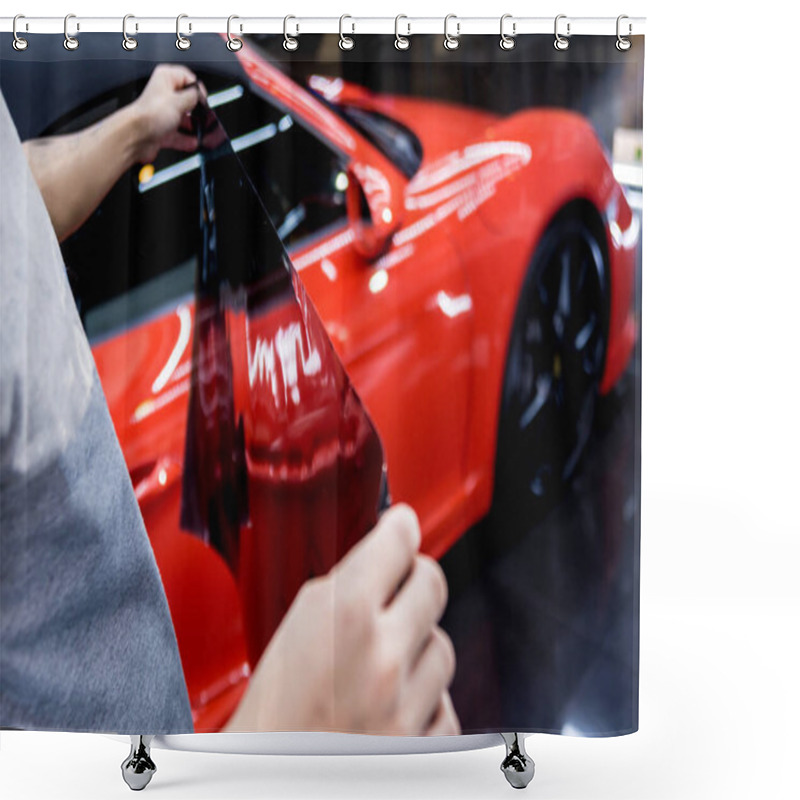 Personality  Applying Tinting Foil On A Car Window In A Auto Service Shower Curtains