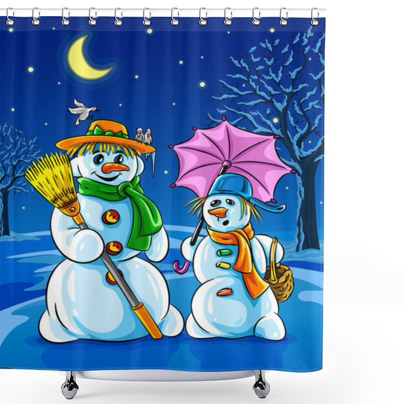 Personality  Vector Winter Snowmen With Broom Pink Umbrella Shower Curtains