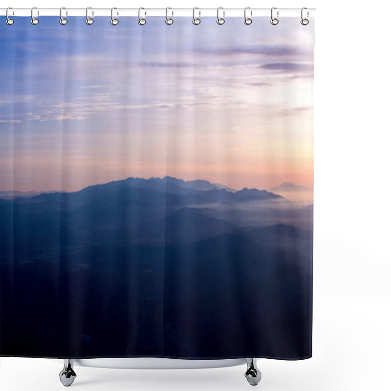 Personality  Serene Mountain Landscape At Dusk With Soft Hues Of Purple And Orange. Shower Curtains