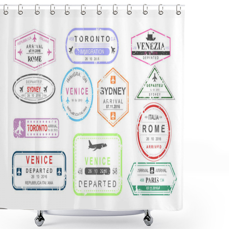 Personality  Vector Illustration Set Of Isolated Visa Passport Stamps Of Arriving And Departure, Tourism Sign, Arrival Document, Airport Theme, Travel Concept. Shower Curtains