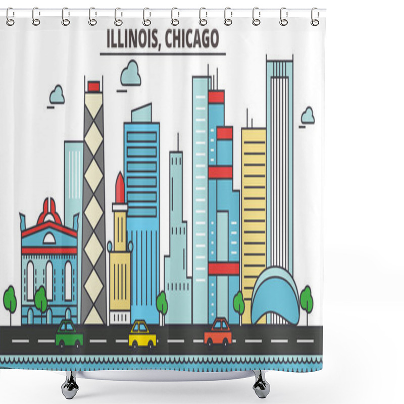 Personality  Chicago City Skyline: Architecture, Buildings, Streets, Silhouette, Landscape, Panorama, Landmarks. Editable Strokes. Flat Design Line Vector Illustration Concept. Isolated Icons On White Background Shower Curtains