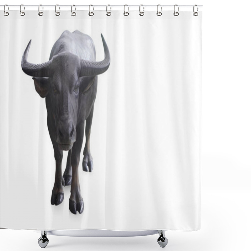 Personality  Front View, Black Buffalo Are Standing And Looking On White Background, Animal, Object, Food, Decor, Banner, Template, Copy Space Shower Curtains