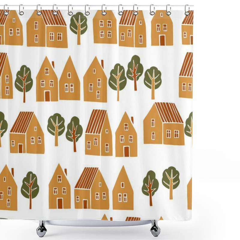 Personality  Hand Drawn Cute  Houses And Trees On White Background.  Vector  Seamless Pattern. Shower Curtains