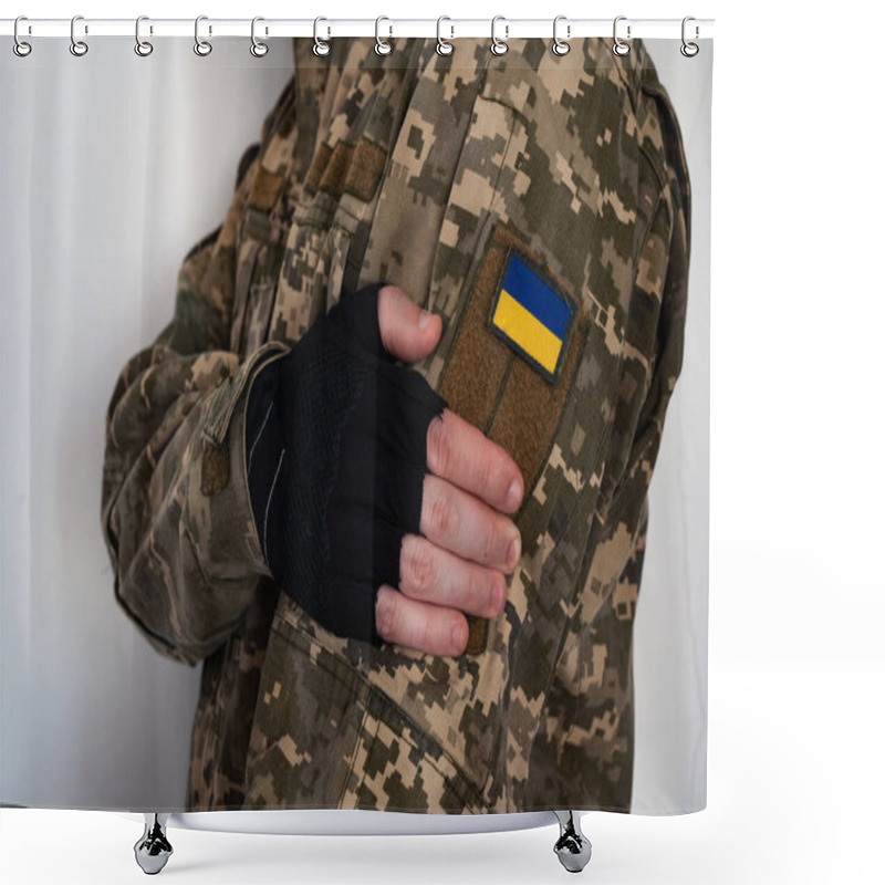 Personality  Ukrainian Soldier In Military Pixel Unform With Banner Of Flag Of Ukraine On Shoulder And Arm In Black Glove  Shower Curtains