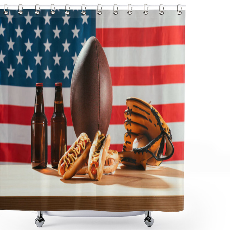 Personality  Close-up View Of Hot Dogs, Beer Bottles, Rugby Ball And Baseball Glove With Ball On Wooden Table With Us Flag Behind  Shower Curtains