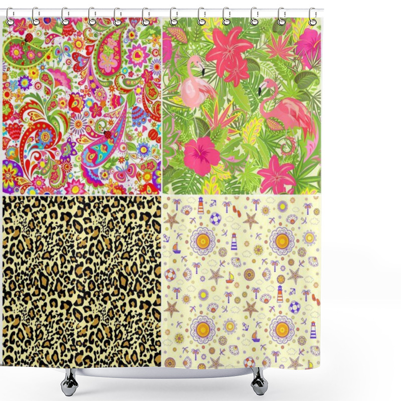 Personality  Set Of Decorative Summery Wallpapers With Ethnic Floral Pattern, Exotic Flowers, Tropical Leaves, Flamingo And Animal Fashion Print For Fabric, Textile, Wrapping Paper, Wallpaper, Web Design Shower Curtains