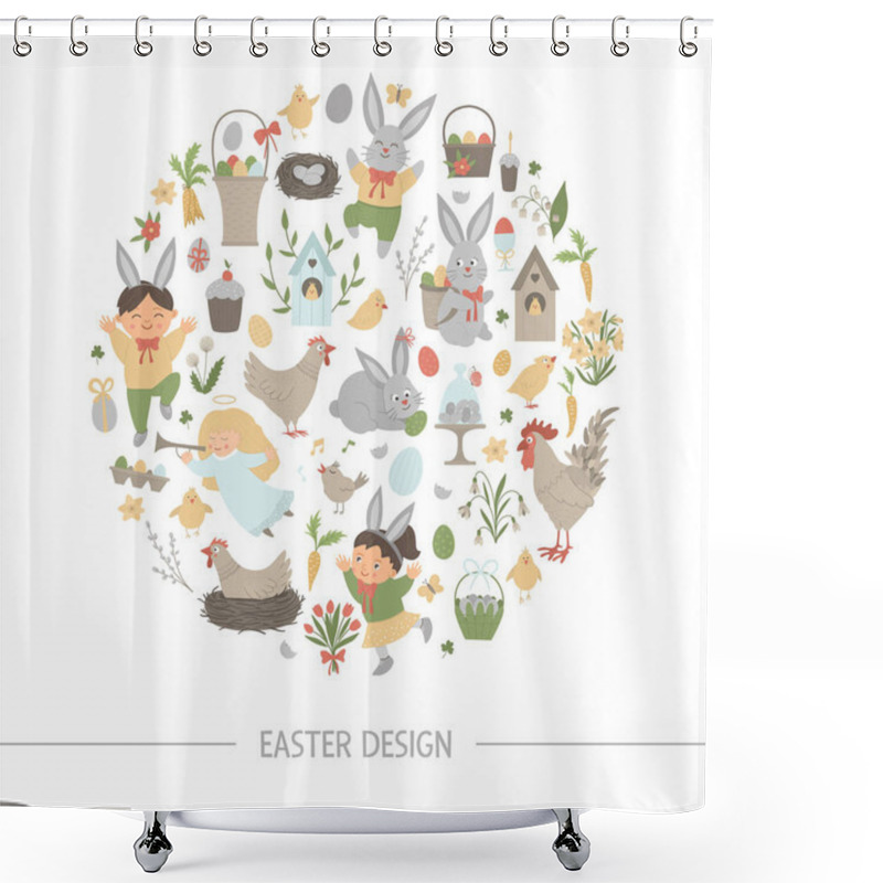 Personality  Vector Easter Round Frame With Bunny, Eggs And Happy Children Is Shower Curtains