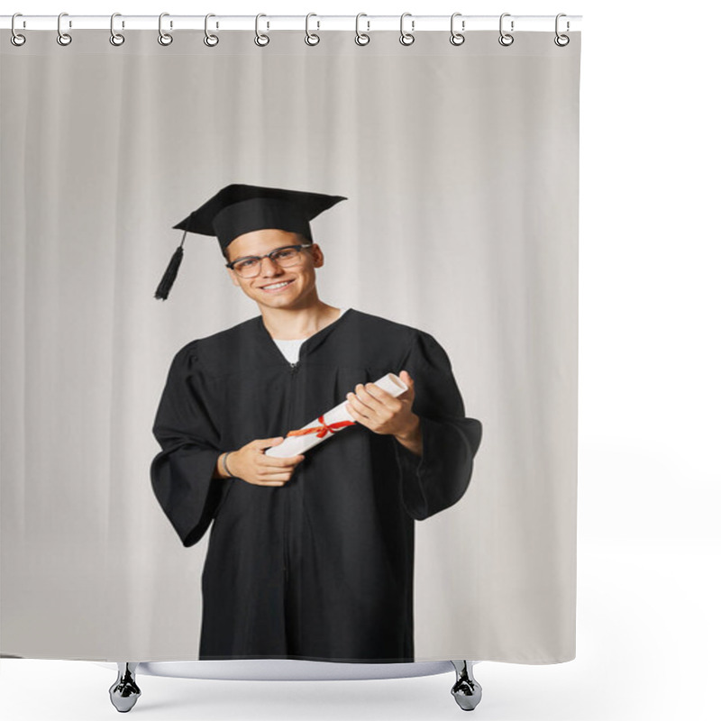 Personality  Confident Student In Graduate Outfit With Vision Glasses Smiling With Diploma In Hands Shower Curtains