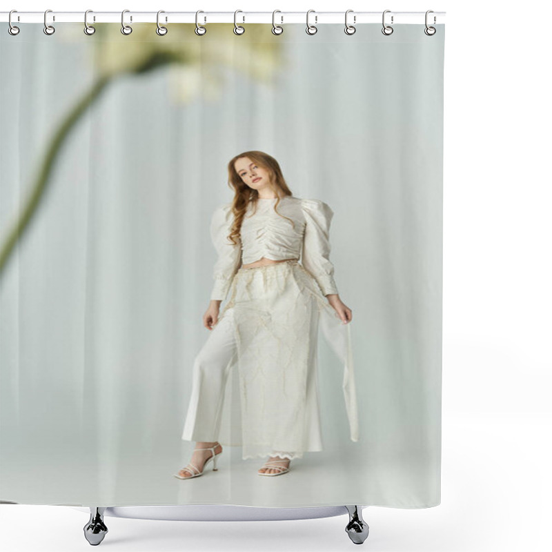 Personality  A Graceful Woman Stands Amidst Gentle Blossoms, Exuding Beauty And Elegance. Shower Curtains