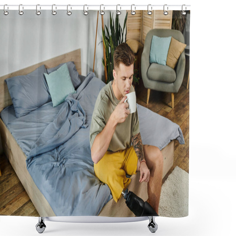 Personality  A Young Handsome Man Takes A Moment To Savor His Coffee In A Cozy Bedroom Setting. Shower Curtains