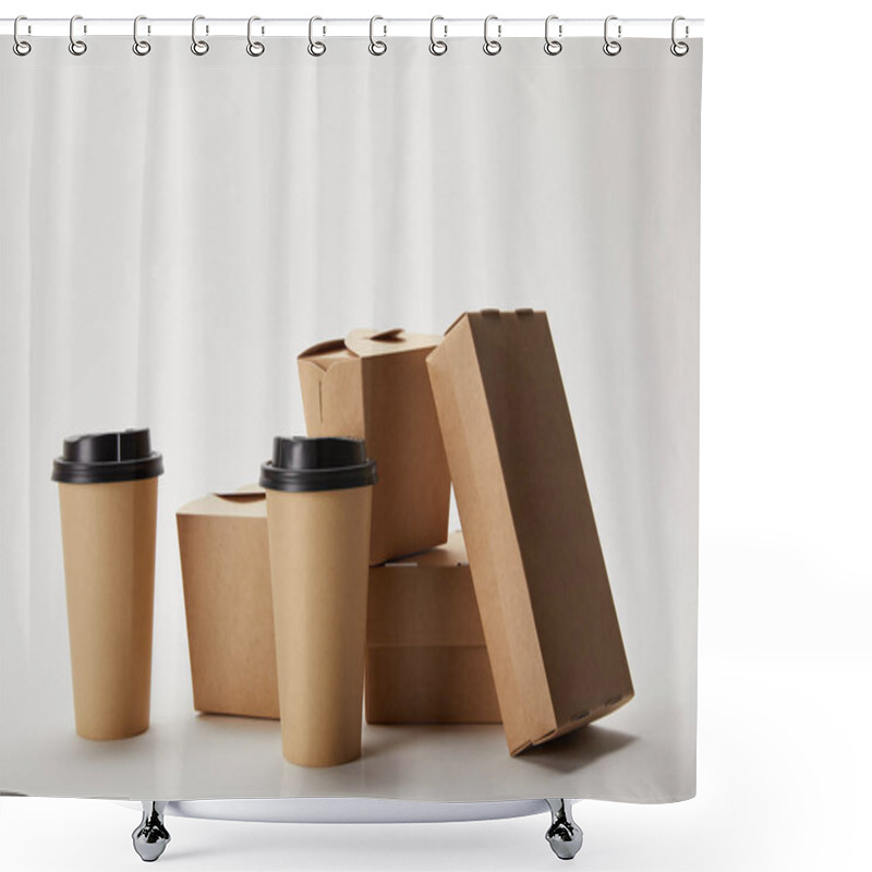 Personality  Disposable Coffee Cups And Cardboard Food Boxes On White Shower Curtains