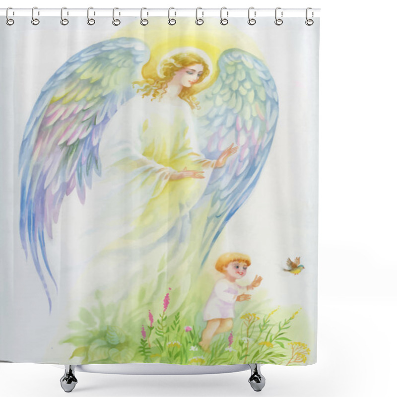 Personality  Beautiful Angel With Wings Flying Over Child. Shower Curtains