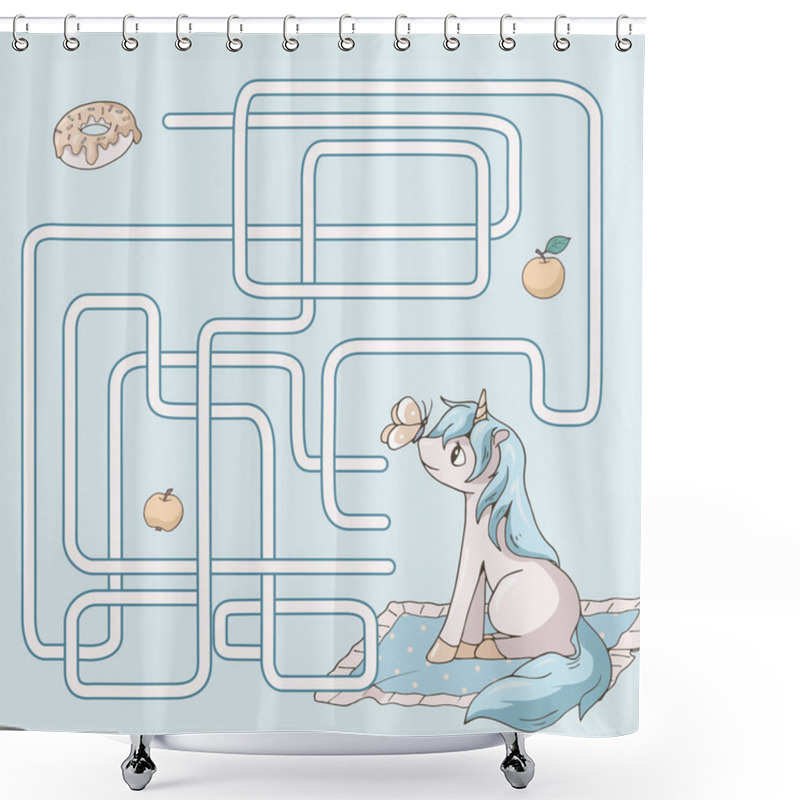 Personality  Labyrinth. Maze Game For Kids. Help Cute Cartoon Unicorn Find Path To Donut. Light Turquoise And Yellow Pastel Colors. Vector Illustration. Shower Curtains